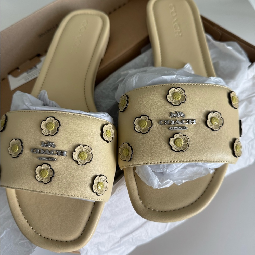 New! Coach Women's Cream Floral Slide Sandals